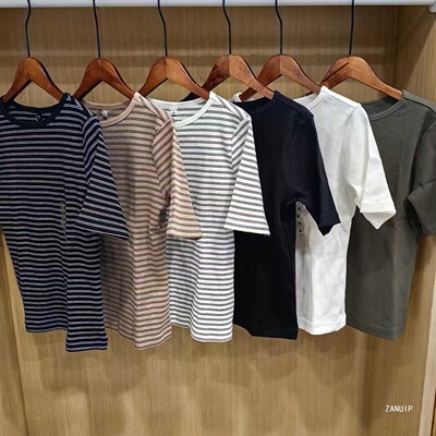 日系2026年春秋新款休闲女装罗纹船领条纹T恤五分袖486466/483467