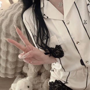 【熊猫仔仔双短】新款女士睡衣奇趣卡通黑蕾丝边薄款冰丝家居服