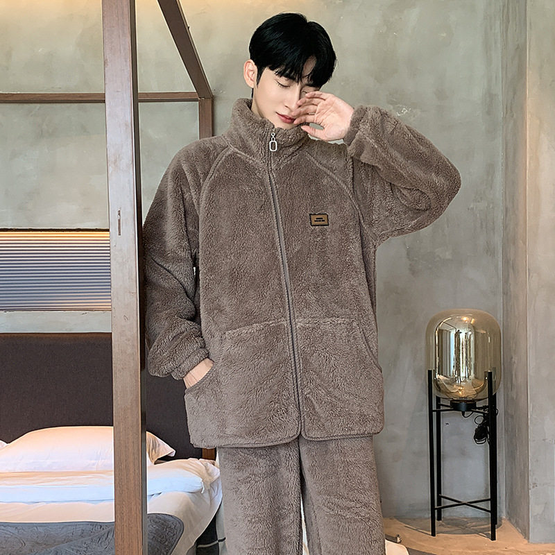 珊瑚绒男士睡衣加绒加厚秋冬立领情侣保暖可外穿家居服开衫套装