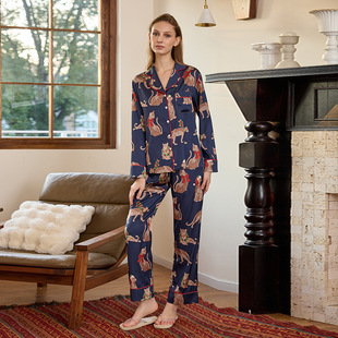 家居服套装 冰丝睡衣女秋冬长袖 仿真丝凉感圣诞豹纹轻奢网红款