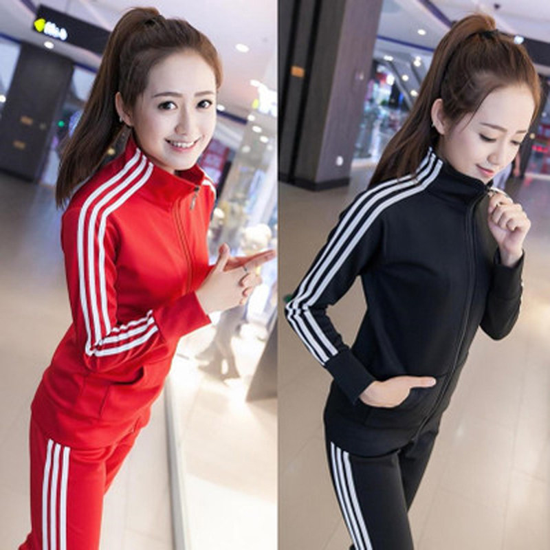 春秋装新款女士显瘦休闲三条杠学生运动服班服校服南韩丝运动套装