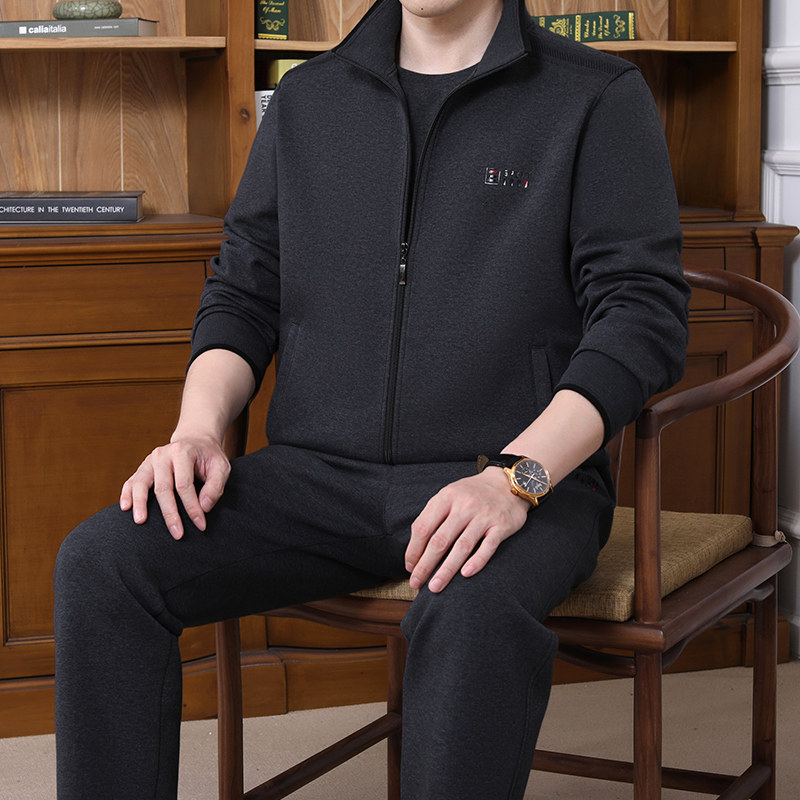 清仓中老年男春秋季运动套装休闲外套爸爸装宽松大码棉长袖二件套