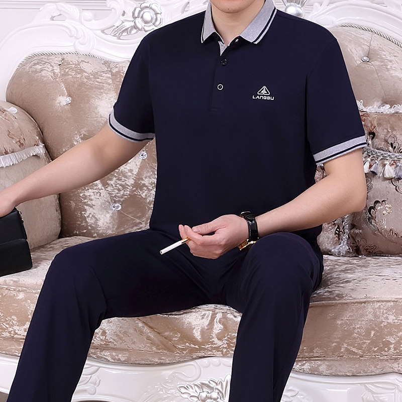 清仓】中老年运动套装男夏季父亲翻领短袖长裤薄款宽松休闲二件套