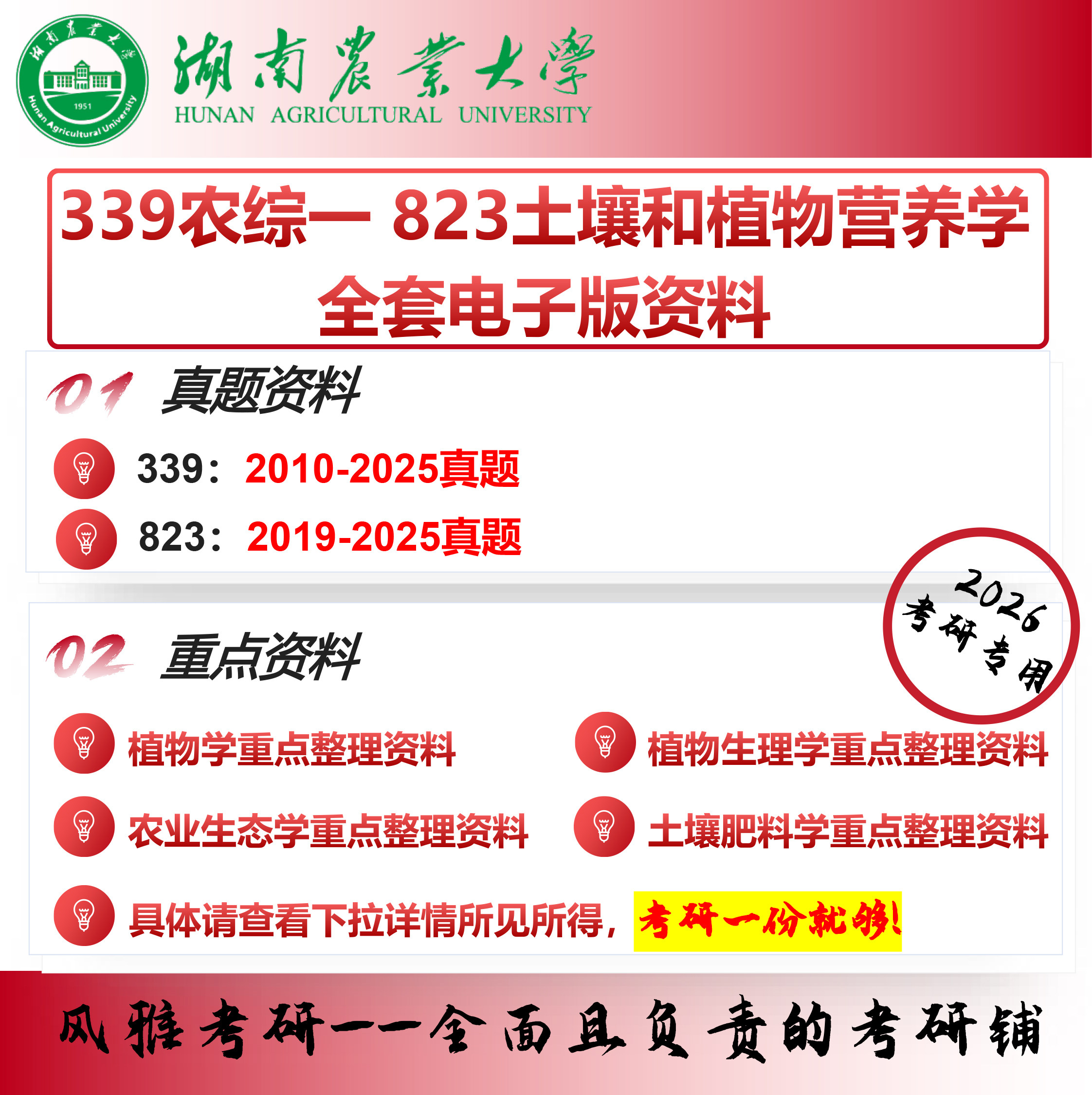 湖南农业大学339农业知识综合一 823土壤和植物营养学 考研真题重点资料