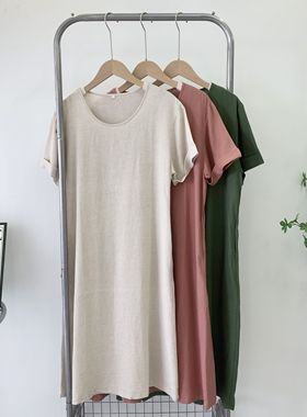 棉麻连衣裙女清库存2025新款夏季亚麻短袖中长款裙子纯色气质裙子