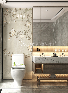 现代新中式马桶浴室卫生间装饰挂画玄关自粘墙贴免打孔防水壁画花