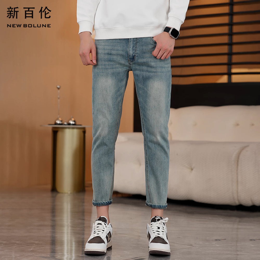 新百伦夏季九分男士牛仔裤2025新款百搭修身直筒浅色男款轻奢裤子