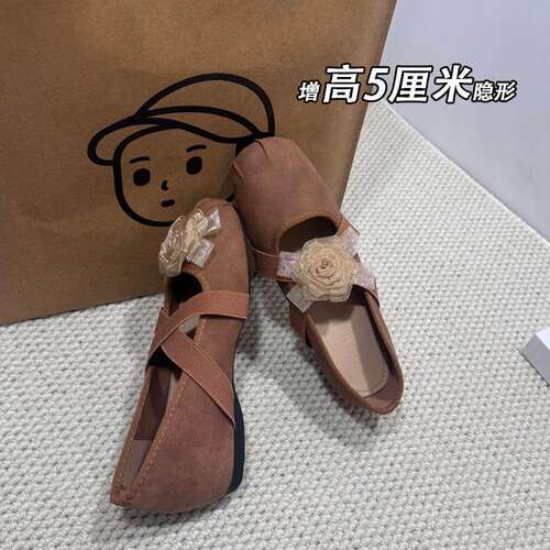 内增高5cm法式山茶花朵单鞋女