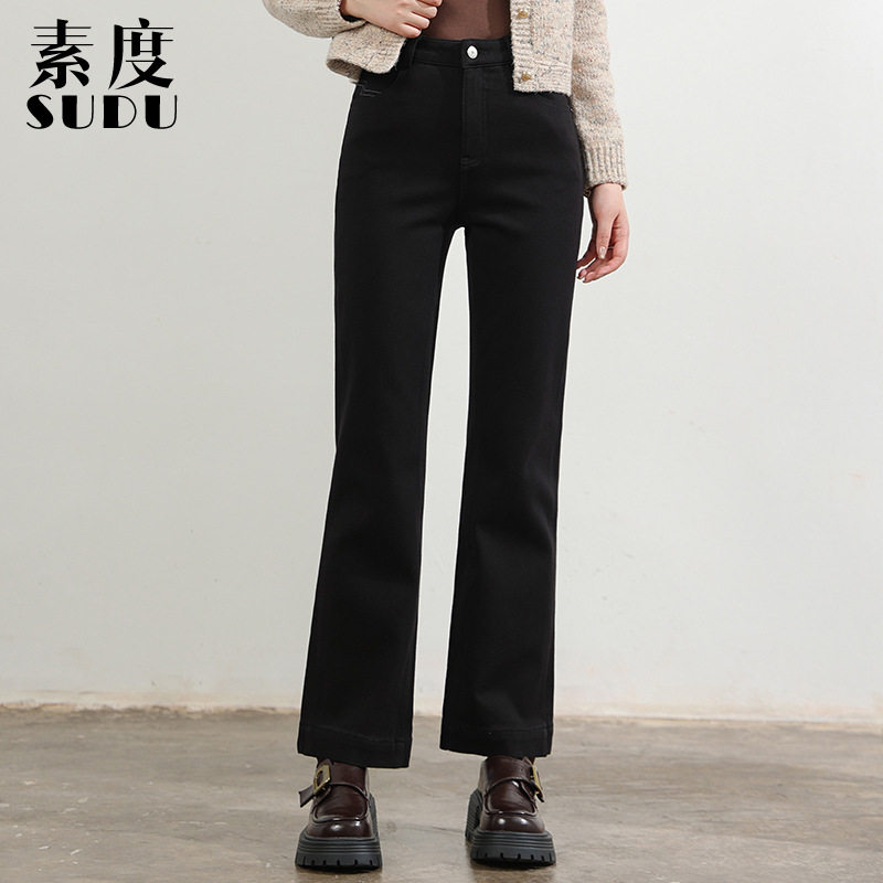 素度新款冬季植绒牛仔裤女百搭显瘦黑色四面弹小筒喇裤十分微喇裤