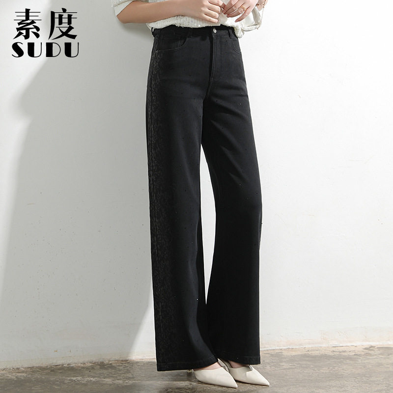 素度新款夏季黑色烫钻牛仔裤女高腰显瘦宽松两侧烧花设计款阔腿裤