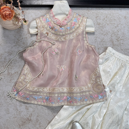 【粉蝶】高端新中式粉蝶重工刺绣马甲女立领斜襟桑蚕丝无袖上衣