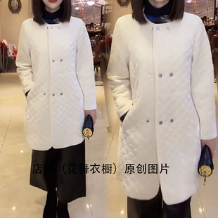 轻奢气质名媛时尚优雅菱格纹中长款双排扣棉服女显瘦百搭外套白色