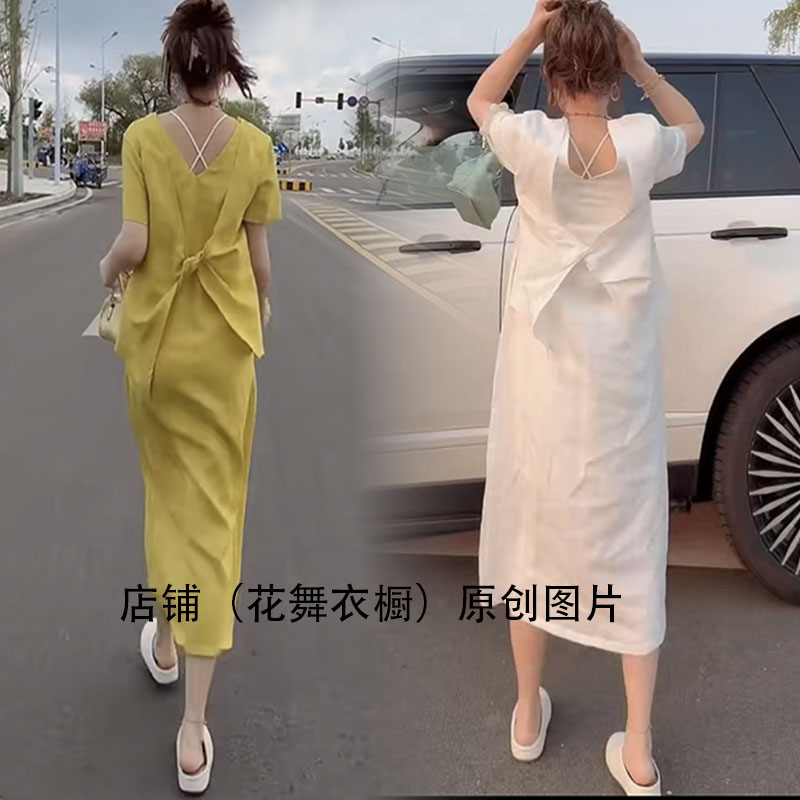 简约V领短袖连衣裙女中长款交叉绑带后背设计显瘦裙子休闲时尚潮图片