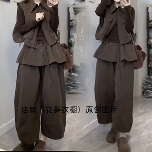减龄韩版时尚套装女秋季翻领抽绳马夹阔腿裤打底衫三件套装个性潮