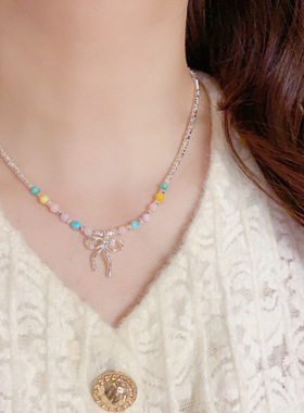 气质甜美多巴胺彩色串珠蝴蝶结项链女时尚简约锁骨链个性百搭饰品