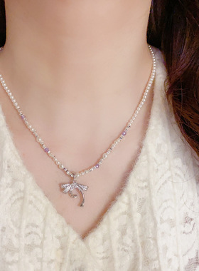 时尚简约镶钻蝴蝶结玻璃珠项链女甜美个性气质优雅百搭锁骨链新款