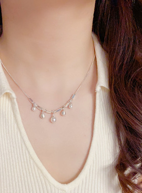 时尚金属方块珍珠流苏项链