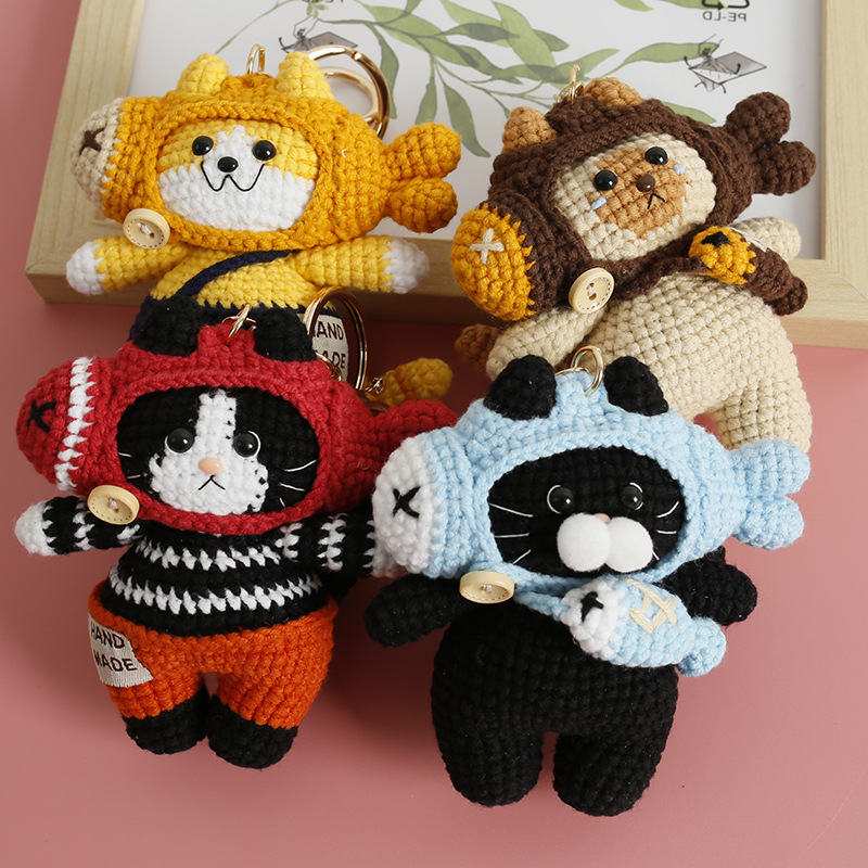 可爱鲷鱼烧鱼头猫玩偶猫咪包包挂件小猫钥匙扣挂饰 diy手作成品