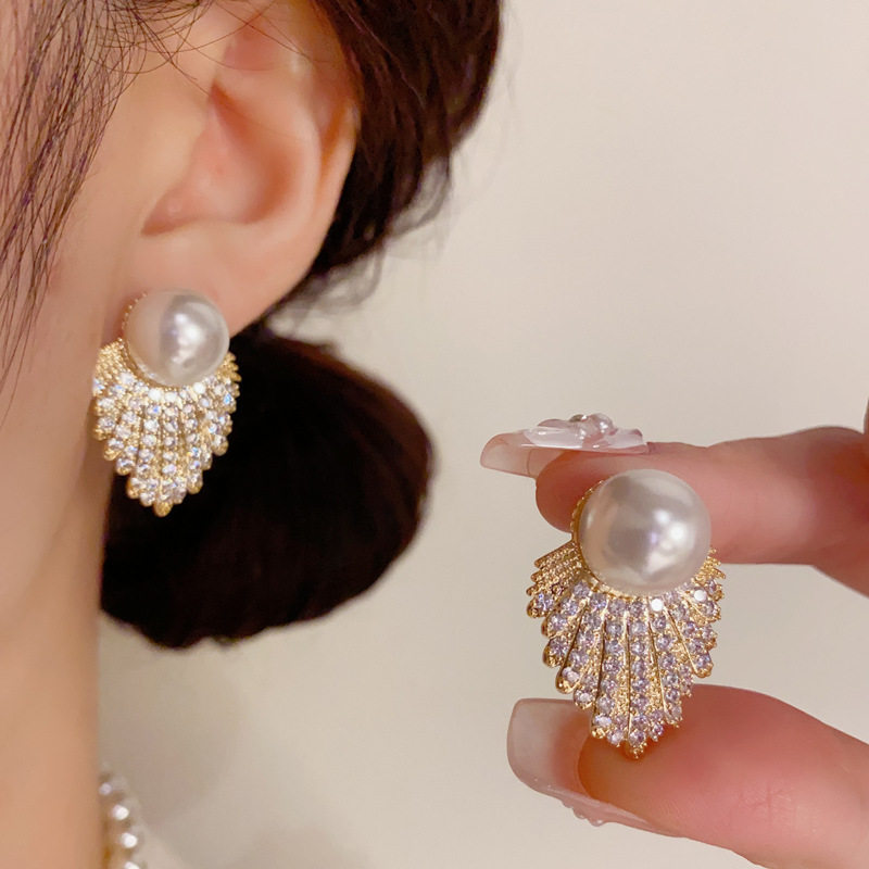 轻奢华高级感超闪满钻珍珠耳钉女s925银针百搭端庄优雅大气耳环潮