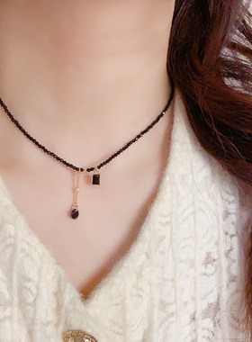 轻奢冷淡风黑色水晶流苏项链女小众高级复古时尚颈饰奢气质锁骨链