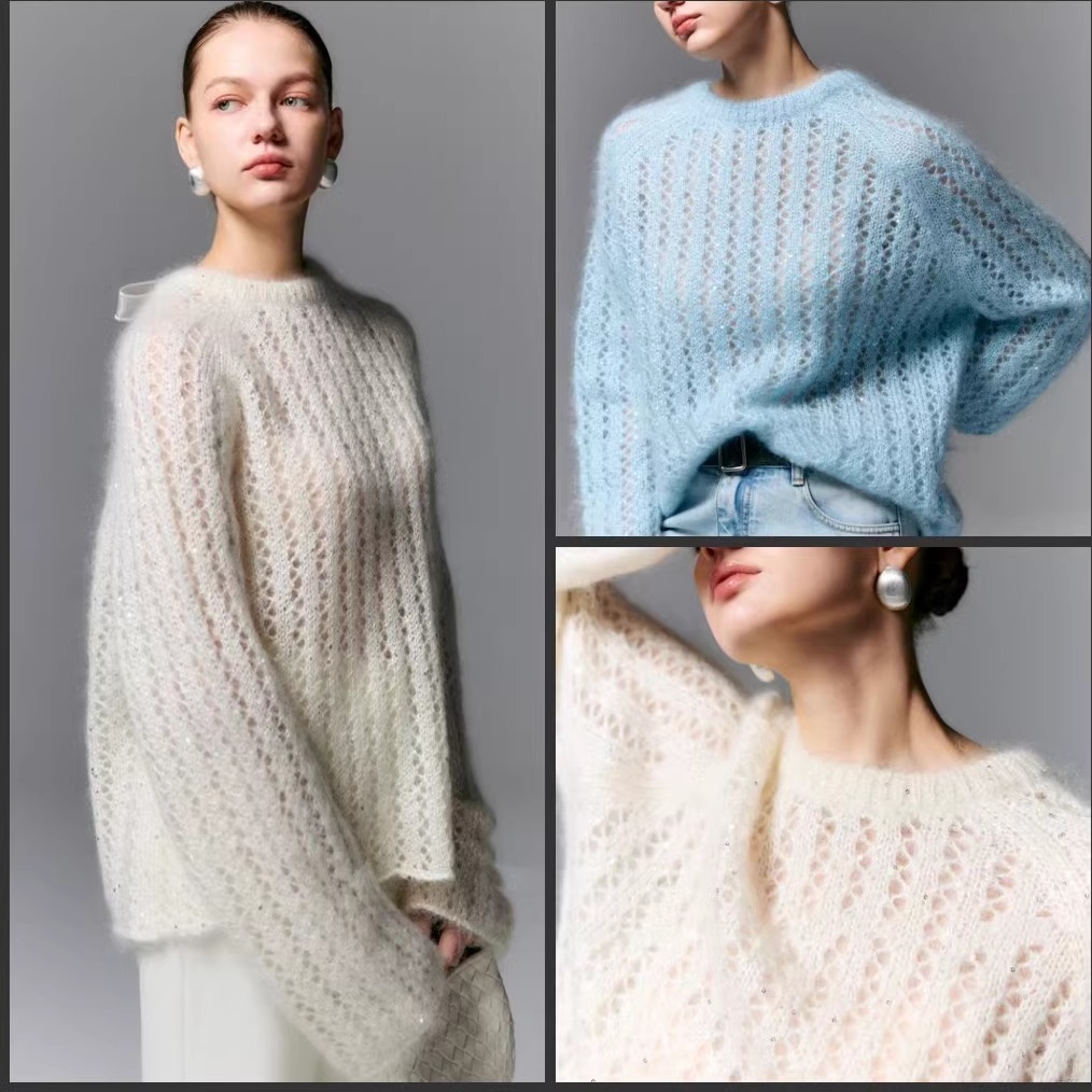 聚光灯_獨家定纺马海毛羊毛镂空亮闪蝴蝶结系带仙气针织毛衣上衣
