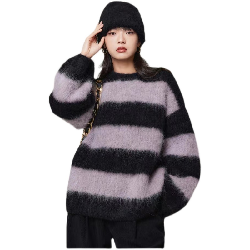 78%羊驼毛条纹大毛衣加厚新