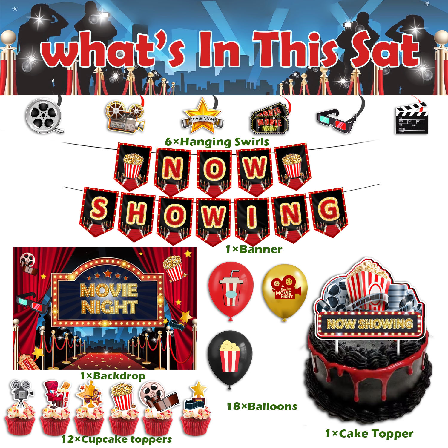 Movie night电影之夜主题派对生日黑红横幅展示好莱坞爆米花装扮
