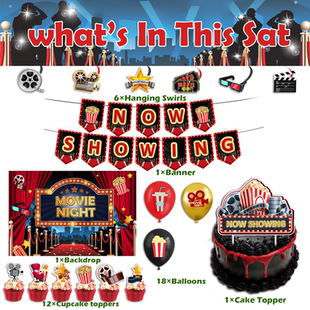 Movie night电影之夜主题派对生日黑红横幅展示好莱坞爆米花装扮