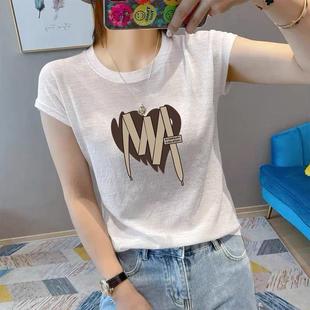 时尚 白色薄款 新款 亲肤透气短袖 外穿简约印花上衣 t恤女士2025夏季