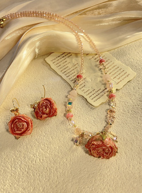 春款玫紫色真鲜花花朵项链复古项链紫水晶真珍珠颈链清新锁骨链