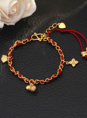 《高版本不掉色18k金厚度0.05+电泳+抛数++4》古风葫芦红绳手链