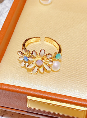 2026春款彩色水晶小雏菊滴釉珍珠戒指 高级感法式轻奢风戒指手饰