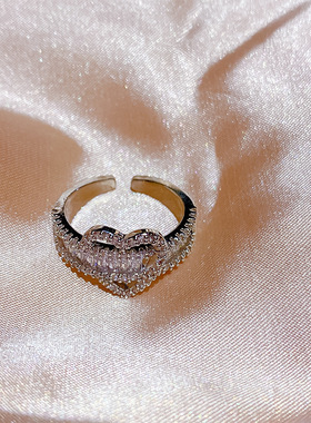 法式气质高级感爱心锆石开口可调节戒指 女高级感轻奢风戒指手饰