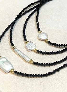 黑尖晶巴洛克珍珠锁骨链 18K注金高保色珍珠项链 大牌平替项链