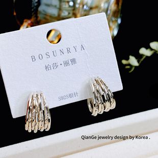 个性 s925银针时尚 咖金色耳饰 小众ins风多层扭曲C圈耳环 柏莎丽雅