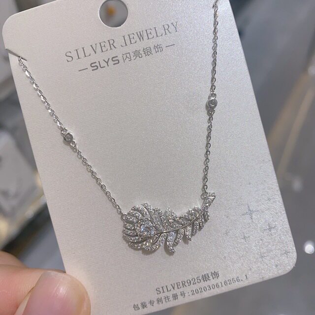 S925羽毛大号满钻项链镶嵌高级感轻奢个性设计感欧美羽毛首饰