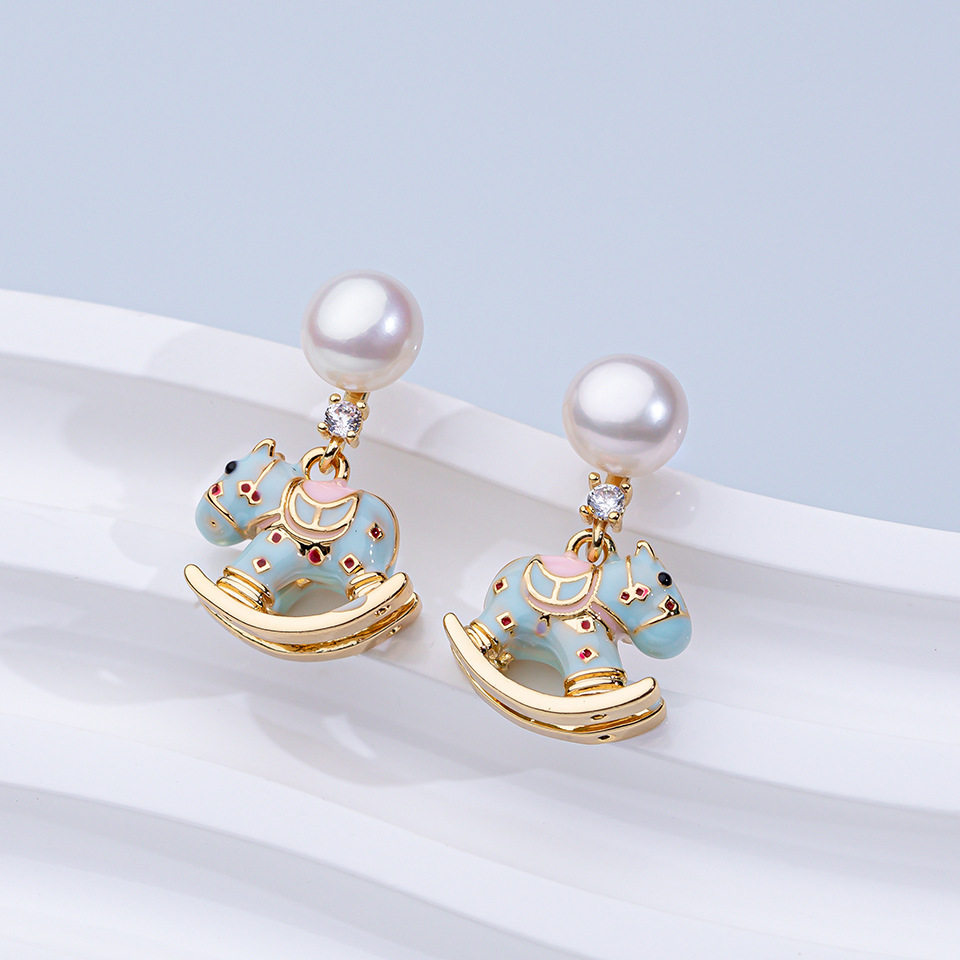 天然淡水珍珠耳钉S925银针滴釉卡通木马高级感立体耳饰耳环,饰品/流行首饰/时尚饰品新,耳环,淘宝优惠券,粉丝福利购,淘宝优惠卷