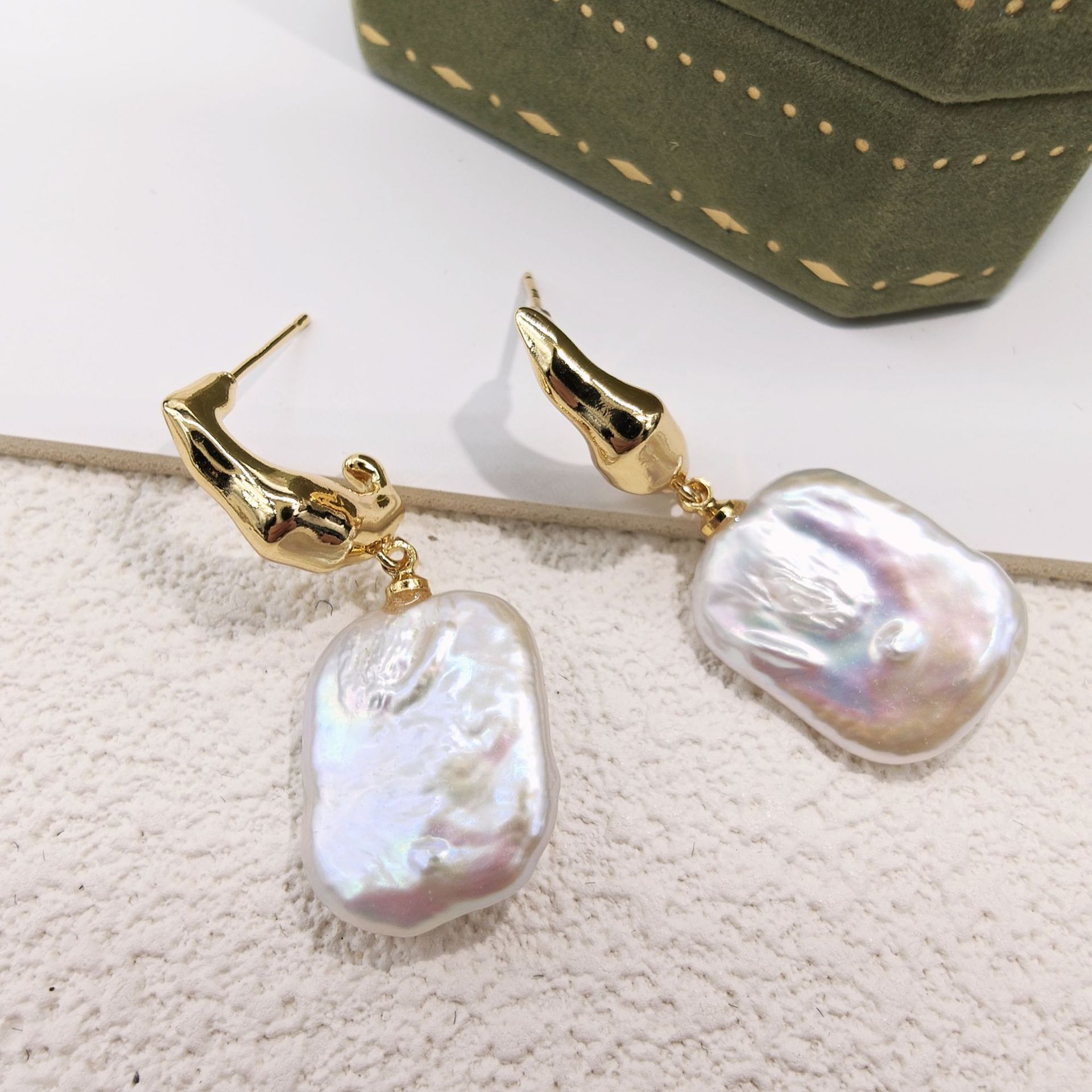 天然巴洛克异型珍珠耳坠女款淡水强光不规则方形耳环法式复古耳钉