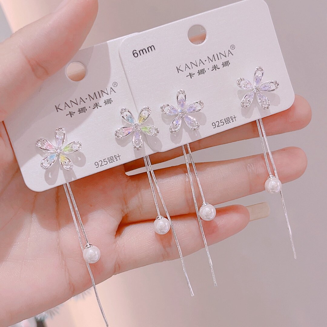 卡娜米娜银针新款韩国精致锆石花朵流苏耳环后挂式珍珠耳坠女时尚