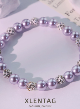 紫色施家珍珠仿钻串珠手链女轻奢百搭款小众高级感手镯手串手饰品
