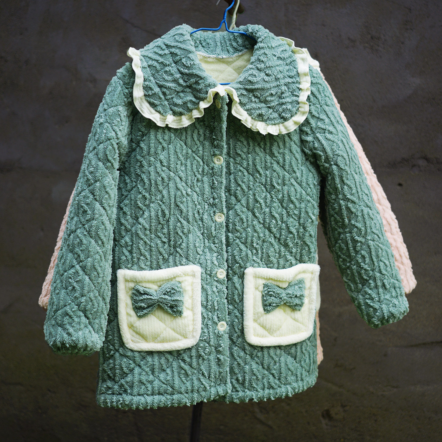 甜美娃娃领蝴蝶结加绒棉衣女中长款加厚保暖家居服浅绿色棉服外套