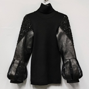 新款灯笼袖皮袖袖里加绒女重工全皮皮袖配皮草马甲针织打底衫