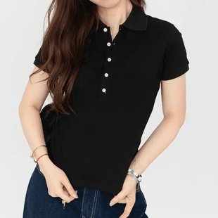 夏季 显瘦女款 polo衫 百搭休闲 女士收腰翻领衫 棉 法式 五粒扣修身
