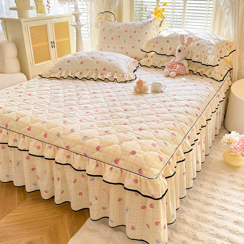 2026水洗棉小碎花夹棉床裙席梦思加厚床罩1.8米/1.5m防滑防尘床单,床上用品,床裙,淘宝优惠券,粉丝福利购,淘宝优惠卷