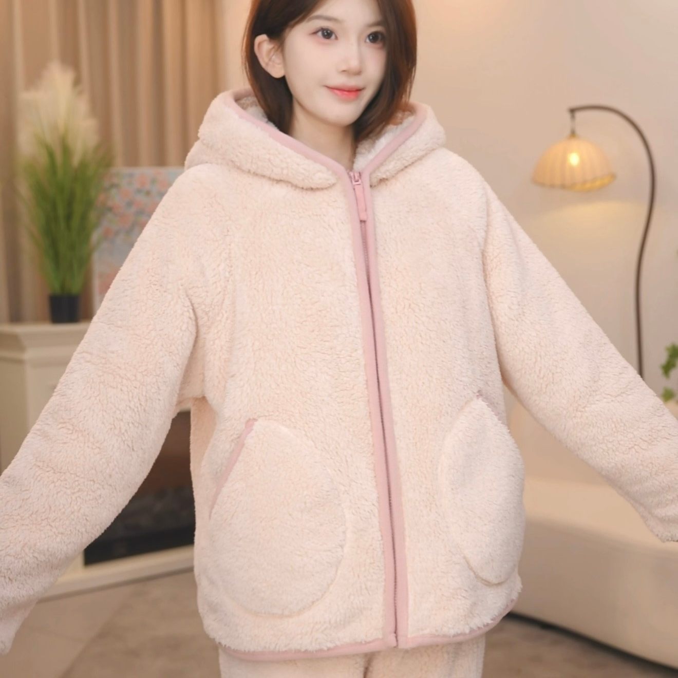 【粉晴帽子款圆口袋】2025冬季加绒加厚保暖睡衣套装可外穿