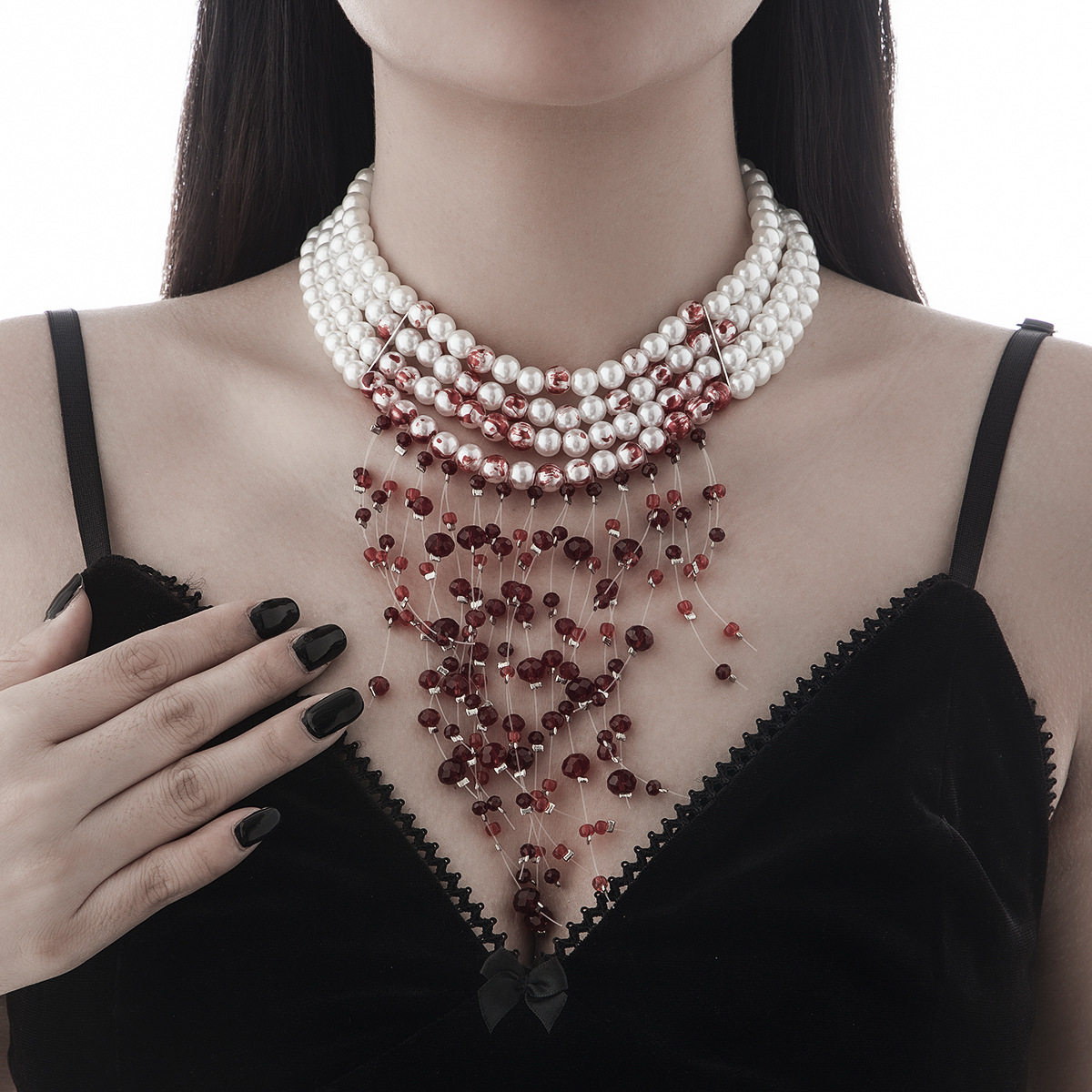 欧美跨境饰品 哥特风珍珠项链choker 万圣节血滴流苏水晶锁骨链