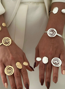 欧美跨境饰品夸张不规则旋涡设计感开口戒合金几何螺旋手镯套装女