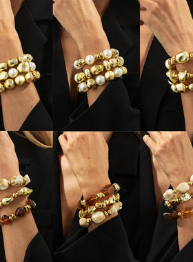 欧美跨境饰品 复古风ins串珠树脂弹力手链 简约异形磨砂CCB珠手饰