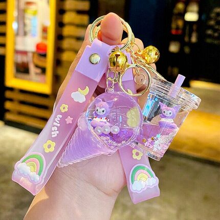 创意卡通库洛米液体流沙钥匙扣女可爱奶茶杯漂流瓶公仔背包小挂件