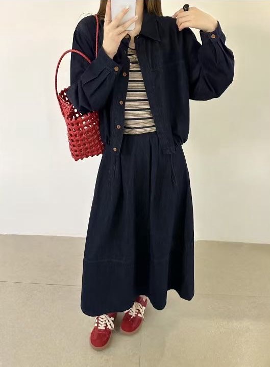 时尚套装女2025早秋新款复古袖Polo领收腰显瘦牛仔上衣半身裙ZGE